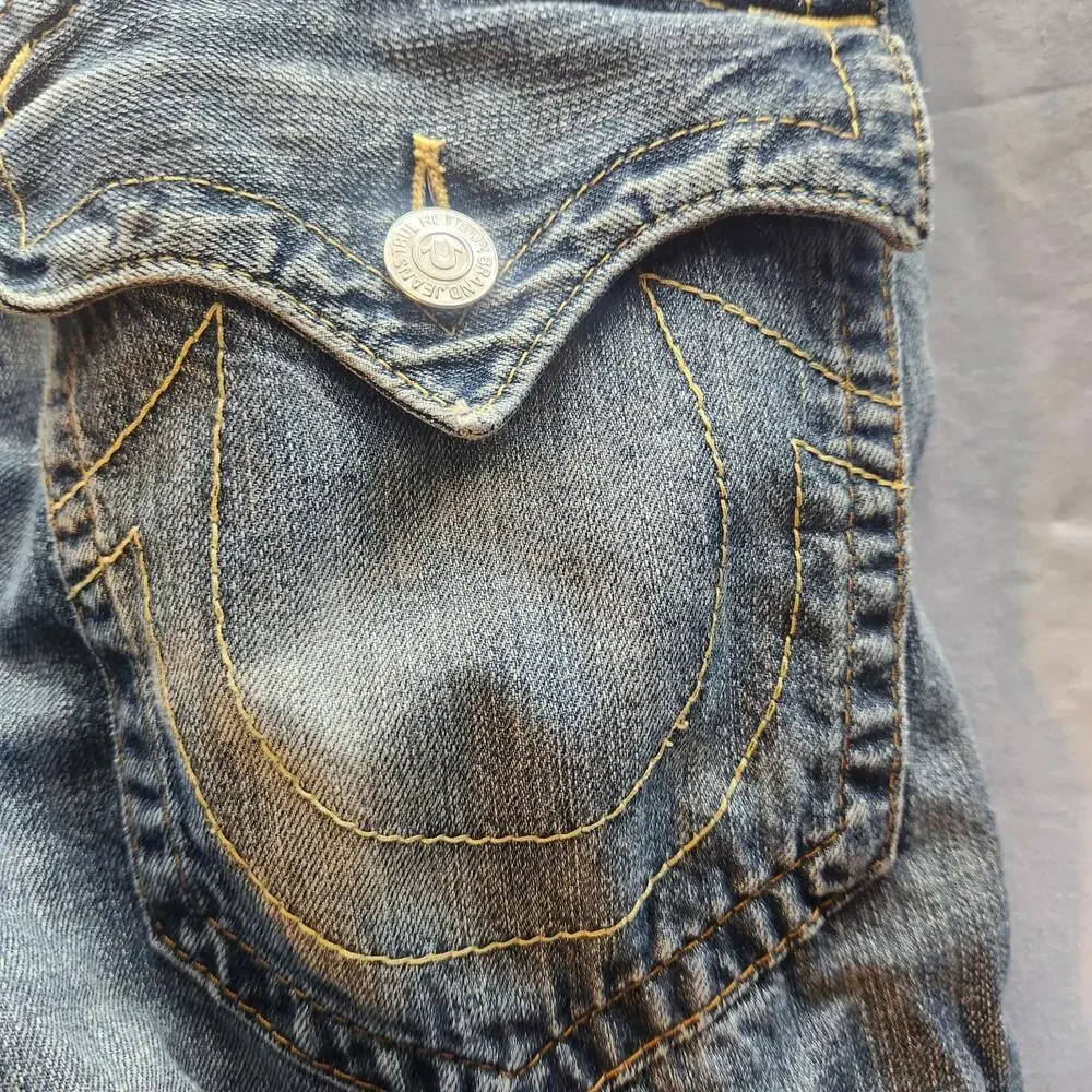 Vintage Y2K True Religion Mens Straight Leg Jeans Sz 34 Distressed‎ Blue Denim